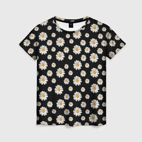 Женская футболка 3D с принтом Ромашки на чёрном в Тюмени, 100% полиэфир ( синтетическое хлопкоподобное полотно) | прямой крой, круглый вырез горловины, длина до линии бедер | бабочки | лето | природа | рома | ромашка | ромашки | цветочки | цветы