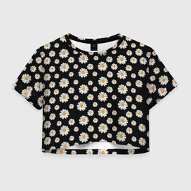Женская футболка Crop-top 3D с принтом Ромашки на чёрном в Тюмени, 100% полиэстер | круглая горловина, длина футболки до линии талии, рукава с отворотами | бабочки | лето | природа | рома | ромашка | ромашки | цветочки | цветы