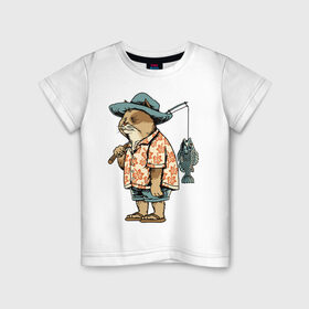 Детская футболка хлопок с принтом Котан рыбак в Тюмени, 100% хлопок | круглый вырез горловины, полуприлегающий силуэт, длина до линии бедер | кот | лето | рубашка | рыба | удочка | хипстер | шлепанцы | шорты
