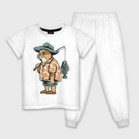 Детская пижама хлопок с принтом Котан рыбак в Тюмени, 100% хлопок |  брюки и футболка прямого кроя, без карманов, на брюках мягкая резинка на поясе и по низу штанин
 | кот | лето | рубашка | рыба | удочка | хипстер | шлепанцы | шорты