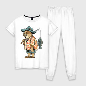 Женская пижама хлопок с принтом Котан рыбак в Тюмени, 100% хлопок | брюки и футболка прямого кроя, без карманов, на брюках мягкая резинка на поясе и по низу штанин | кот | лето | рубашка | рыба | удочка | хипстер | шлепанцы | шорты