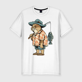 Мужская футболка хлопок Slim с принтом Котан рыбак в Тюмени, 92% хлопок, 8% лайкра | приталенный силуэт, круглый вырез ворота, длина до линии бедра, короткий рукав | Тематика изображения на принте: кот | лето | рубашка | рыба | удочка | хипстер | шлепанцы | шорты