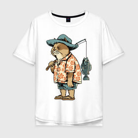 Мужская футболка хлопок Oversize с принтом Котан рыбак в Тюмени, 100% хлопок | свободный крой, круглый ворот, “спинка” длиннее передней части | кот | лето | рубашка | рыба | удочка | хипстер | шлепанцы | шорты