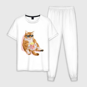 Мужская пижама хлопок с принтом Ленивый кот в Тюмени, 100% хлопок | брюки и футболка прямого кроя, без карманов, на брюках мягкая резинка на поясе и по низу штанин
 | корн | кот | ленивый | очки | поп | попкорн | хипстер