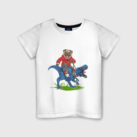 Детская футболка хлопок с принтом Мопс на динозавре в Тюмени, 100% хлопок | круглый вырез горловины, полуприлегающий силуэт, длина до линии бедер | Тематика изображения на принте: дикий | динозавр | кеды | мопс | собака | тирекс | хипстер