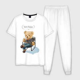 Мужская пижама хлопок с принтом Just Relax в Тюмени, 100% хлопок | брюки и футболка прямого кроя, без карманов, на брюках мягкая резинка на поясе и по низу штанин
 | игрушка | кофе | медведь | милый | релакс | сидящий | стул | чилл