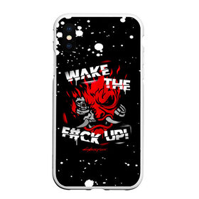 Чехол для iPhone XS Max матовый с принтом WAKE THE F#CK UP! в Тюмени, Силикон | Область печати: задняя сторона чехла, без боковых панелей | cyberpunk 2077 | hacker | maelstrom | militech | quadra | samurai | technology | trauma team | v | будущее | игра | иероглифы | киану ривз | кибер | киберпанк | киборг | киборги | корпорация | лого | милитек | панк | роботы | самурай | техн