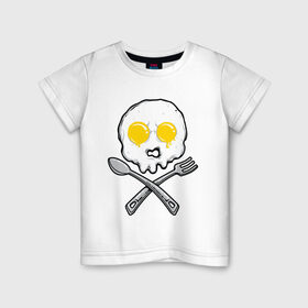 Детская футболка хлопок с принтом Череп яичница в Тюмени, 100% хлопок | круглый вырез горловины, полуприлегающий силуэт, длина до линии бедер | вилка | еда | завтрак | ложка | пиратский | флаг | череп | яичница | яйца