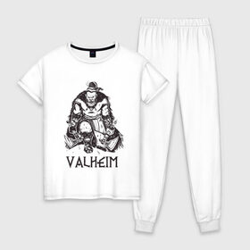 Женская пижама хлопок с принтом Valheim Викинг Берсерк в Тюмени, 100% хлопок | брюки и футболка прямого кроя, без карманов, на брюках мягкая резинка на поясе и по низу штанин | axe | berserk | berserker | nord | ragnarok | viking | vikings | warrior | берсеркер | валькирия | викинги | воин | мифология | норд | норман | норманн | один | рагнар | рагнарок | руна | руны | русич | русь | с топором | скандинавия