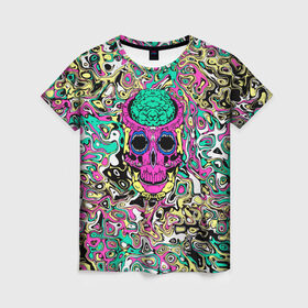 Женская футболка 3D с принтом Череп в Тюмени, 100% полиэфир ( синтетическое хлопкоподобное полотно) | прямой крой, круглый вырез горловины, длина до линии бедер | skull.абстракция | краска | разводы | текстура | череп