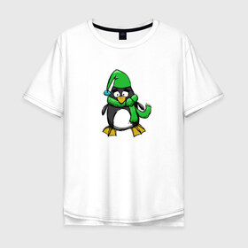 Мужская футболка хлопок Oversize с принтом Пингвин в Тюмени, 100% хлопок | свободный крой, круглый ворот, “спинка” длиннее передней части | пингвин | пингвин в шапке | пингвин в шарфе | рисунок | шарф