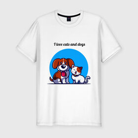 Мужская футболка хлопок Slim с принтом cat and dog в Тюмени, 92% хлопок, 8% лайкра | приталенный силуэт, круглый вырез ворота, длина до линии бедра, короткий рукав | cat | dog | dogs and cats | loving animals