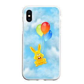 Чехол для iPhone XS Max матовый с принтом Харитон на воздушных шариках в Тюмени, Силикон | Область печати: задняя сторона чехла, без боковых панелей | воздушные шары | детям | желейный заяц | зайчики | заяц | заяц харитон | звери | кролик | небо | харитошка