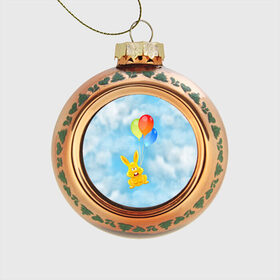 Стеклянный ёлочный шар с принтом Харитон на воздушных шариках в Тюмени, Стекло | Диаметр: 80 мм | воздушные шары | детям | желейный заяц | зайчики | заяц | заяц харитон | звери | кролик | небо | харитошка