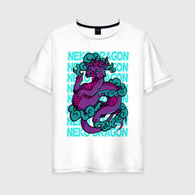 Женская футболка хлопок Oversize с принтом котик дракон в Тюмени, 100% хлопок | свободный крой, круглый ворот, спущенный рукав, длина до линии бедер
 | cat | cute | dragon | harajuku | kawaii | neko | вектор | дракон | кот | котик | облака | ориентал