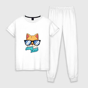 Женская пижама хлопок с принтом Очковая кошка в Тюмени, 100% хлопок | брюки и футболка прямого кроя, без карманов, на брюках мягкая резинка на поясе и по низу штанин | домашняя кошка | кошка | мелус кот | милый кот | мышка | очки | очковая кошка | французская кошка