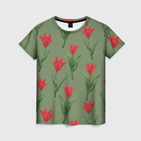 Женская футболка 3D с принтом Красные тюльпаны на зеленом в Тюмени, 100% полиэфир ( синтетическое хлопкоподобное полотно) | прямой крой, круглый вырез горловины, длина до линии бедер | 8 марта | flowers | march 8 | spring | ботаническая иллюстрация | весна | день рождения | зеленый | красный | лето | любовь | праздник | принт | природа | растения | тюльпаны | цветы