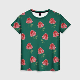 Женская футболка 3D с принтом Розы на зеленом фоне в Тюмени, 100% полиэфир ( синтетическое хлопкоподобное полотно) | прямой крой, круглый вырез горловины, длина до линии бедер | 8 марта | flowers | march 8 | spring | ботаническая иллюстрация | весна | день рождения | зеленый | красный | лето | любовь | праздник | принт | природа | растения | розы | цветы