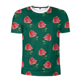 Мужская футболка 3D спортивная с принтом Розы на зеленом фоне в Тюмени, 100% полиэстер с улучшенными характеристиками | приталенный силуэт, круглая горловина, широкие плечи, сужается к линии бедра | Тематика изображения на принте: 8 марта | flowers | march 8 | spring | ботаническая иллюстрация | весна | день рождения | зеленый | красный | лето | любовь | праздник | принт | природа | растения | розы | цветы