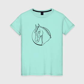 Женская футболка хлопок с принтом Лошадь - линейный рисунок в Тюмени, 100% хлопок | прямой крой, круглый вырез горловины, длина до линии бедер, слегка спущенное плечо | Тематика изображения на принте: голова | животное | линейный | лошадь | рисунок