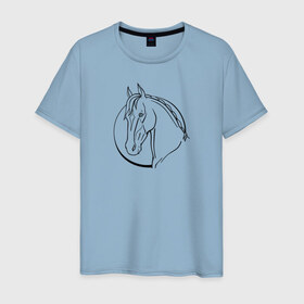 Мужская футболка хлопок с принтом Лошадь - линейный рисунок в Тюмени, 100% хлопок | прямой крой, круглый вырез горловины, длина до линии бедер, слегка спущенное плечо. | Тематика изображения на принте: голова | животное | линейный | лошадь | рисунок