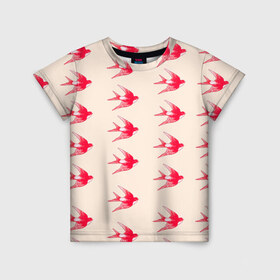 Детская футболка 3D с принтом Синицы в Тюмени, 100% гипоаллергенный полиэфир | прямой крой, круглый вырез горловины, длина до линии бедер, чуть спущенное плечо, ткань немного тянется | быстрая | девочкам | девушкам | красная птица | птица | птицы | розовая | синица | синицы | стриж | стрижы