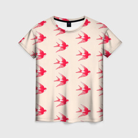 Женская футболка 3D с принтом Синицы в Тюмени, 100% полиэфир ( синтетическое хлопкоподобное полотно) | прямой крой, круглый вырез горловины, длина до линии бедер | быстрая | девочкам | девушкам | красная птица | птица | птицы | розовая | синица | синицы | стриж | стрижы
