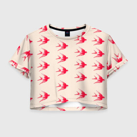 Женская футболка Crop-top 3D с принтом Синицы в Тюмени, 100% полиэстер | круглая горловина, длина футболки до линии талии, рукава с отворотами | быстрая | девочкам | девушкам | красная птица | птица | птицы | розовая | синица | синицы | стриж | стрижы