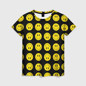 Женская футболка 3D с принтом Смайлики в Тюмени, 100% полиэфир ( синтетическое хлопкоподобное полотно) | прямой крой, круглый вырез горловины, длина до линии бедер | emoji | smile | sticker | грусть | любовь | печаль | плачь | смайлики | стикеры | текстура | улыбка | эмоджи | эмодзи
