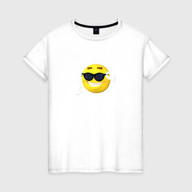 Женская футболка хлопок с принтом Постироничный смайлик в Тюмени, 100% хлопок | прямой крой, круглый вырез горловины, длина до линии бедер, слегка спущенное плечо | mem | мем | постирония | смайлик в очках | эмодзи | юмор