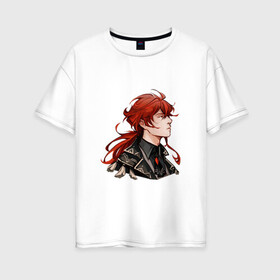 Женская футболка хлопок Oversize с принтом Дилюк в Тюмени, 100% хлопок | свободный крой, круглый ворот, спущенный рукав, длина до линии бедер
 | алые волосы | алый | арт | дилюк | красные волосы | огонь | рисунок | чёрный костюм