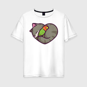 Женская футболка хлопок Oversize с принтом Кот - сердце в Тюмени, 100% хлопок | свободный крой, круглый ворот, спущенный рукав, длина до линии бедер
 | животное | зверь | кот | кот   сердце | кошка | попугай | птицы