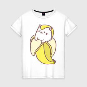 Женская футболка хлопок с принтом Банана - кот в Тюмени, 100% хлопок | прямой крой, круглый вырез горловины, длина до линии бедер, слегка спущенное плечо | банан | банана   кот | еда | животное | зверь | кот | кошка | фрукты