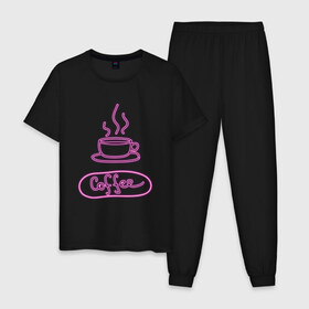 Мужская пижама хлопок с принтом Кофе в Тюмени, 100% хлопок | брюки и футболка прямого кроя, без карманов, на брюках мягкая резинка на поясе и по низу штанин
 | Тематика изображения на принте: coffee | neon | дымящийся кофе | кофе | неон