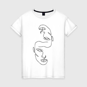 Женская футболка хлопок с принтом Лица в Тюмени, 100% хлопок | прямой крой, круглый вырез горловины, длина до линии бедер, слегка спущенное плечо | голова | два лица | контурный рисунок | лицо | рисунок лица