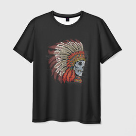 Мужская футболка 3D с принтом Череп Индейца в Тюмени, 100% полиэфир | прямой крой, круглый вырез горловины, длина до линии бедер | Тематика изображения на принте: америка | индеец | племя | череп | черный