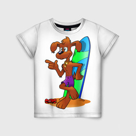 Детская футболка 3D с принтом Лыжная собака в Тюмени, 100% гипоаллергенный полиэфир | прямой крой, круглый вырез горловины, длина до линии бедер, чуть спущенное плечо, ткань немного тянется | вода | животное | краб | лыжи | лыжная собака | море | пляж | собака
