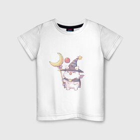 Детская футболка хлопок с принтом Кот волшебник в Тюмени, 100% хлопок | круглый вырез горловины, полуприлегающий силуэт, длина до линии бедер | волшебник | волшебство | кот | котик | маг | маскировка | посох | птичка | филин | шляпа