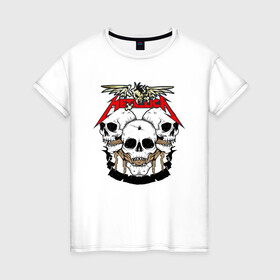 Женская футболка хлопок с принтом Metallica в Тюмени, 100% хлопок | прямой крой, круглый вырез горловины, длина до линии бедер, слегка спущенное плечо | hard | metallica | rock | голова | группа | кости | крылья | металлика | музыка | надпись | рок | скелет | череп