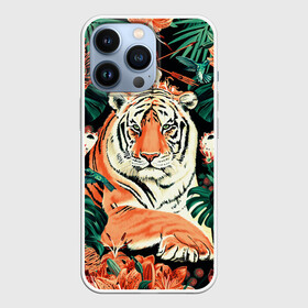 Чехол для iPhone 13 Pro с принтом Огненный Тигр в Цветах в Тюмени,  |  | black | cat | chill | relax | tiger | животные | коралловый | кот | кошки | лев | леопарды | огонь | отдых | паттерн | полосатый | полосы | растения | тигры | узор | цветы