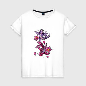 Женская футболка хлопок с принтом Рыбы цветы весна в Тюмени, 100% хлопок | прямой крой, круглый вырез горловины, длина до линии бедер, слегка спущенное плечо | весна | двое | нереальное сочетание | пара | подводный мир | рисунок | рыбки | рыбы | узор | фиолетовый | цветы