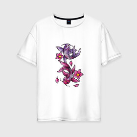 Женская футболка хлопок Oversize с принтом Рыбы цветы весна в Тюмени, 100% хлопок | свободный крой, круглый ворот, спущенный рукав, длина до линии бедер
 | весна | двое | нереальное сочетание | пара | подводный мир | рисунок | рыбки | рыбы | узор | фиолетовый | цветы