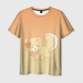 Мужская футболка 3D с принтом милашный зверек в Тюмени, 100% полиэфир | прямой крой, круглый вырез горловины, длина до линии бедер | бантик | галстук | кавай | колокольчик | кот | котик | кошка | мех | модный | мягкий | мяконький | пес | песик | собака | улыбка | уши | хвост | щенок