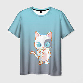Мужская футболка 3D с принтом кот с мороженкой в Тюмени, 100% полиэфир | прямой крой, круглый вырез горловины, длина до линии бедер | голубые глаза | кот | котенок | котик | кошак | мороженка | мороженко | мороженое | прямоходячий | рисунок | рожок