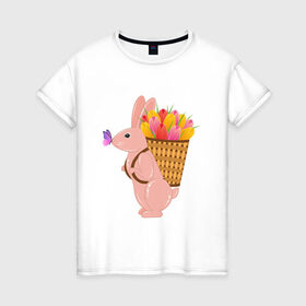 Женская футболка хлопок с принтом Весенний кролик с цветами в Тюмени, 100% хлопок | прямой крой, круглый вырез горловины, длина до линии бедер, слегка спущенное плечо | Тематика изображения на принте: бабочка | зайчик | кролик | тюльпаны | цветы