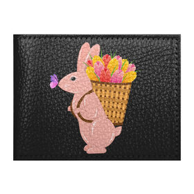 Обложка для студенческого билета с принтом Весенний кролик с цветами в Тюмени, натуральная кожа | Размер: 11*8 см; Печать на всей внешней стороне | Тематика изображения на принте: бабочка | зайчик | кролик | тюльпаны | цветы
