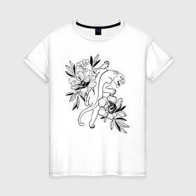 Женская футболка хлопок с принтом кошка с цветами тату  в Тюмени, 100% хлопок | прямой крой, круглый вырез горловины, длина до линии бедер, слегка спущенное плечо | tatoo | азия | ботаника | луна | скульптура | тату | тренд | цветок | цветы