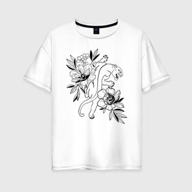 Женская футболка хлопок Oversize с принтом кошка с цветами тату  в Тюмени, 100% хлопок | свободный крой, круглый ворот, спущенный рукав, длина до линии бедер
 | tatoo | азия | ботаника | луна | скульптура | тату | тренд | цветок | цветы
