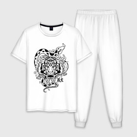 Мужская пижама хлопок с принтом тигр и змея  в Тюмени, 100% хлопок | брюки и футболка прямого кроя, без карманов, на брюках мягкая резинка на поясе и по низу штанин
 | tatoo | ботаника | змея | иероглифы | тату | тигр | тренд | цветок