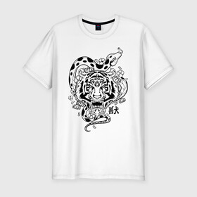 Мужская футболка хлопок Slim с принтом тигр и змея  в Тюмени, 92% хлопок, 8% лайкра | приталенный силуэт, круглый вырез ворота, длина до линии бедра, короткий рукав | tatoo | ботаника | змея | иероглифы | тату | тигр | тренд | цветок